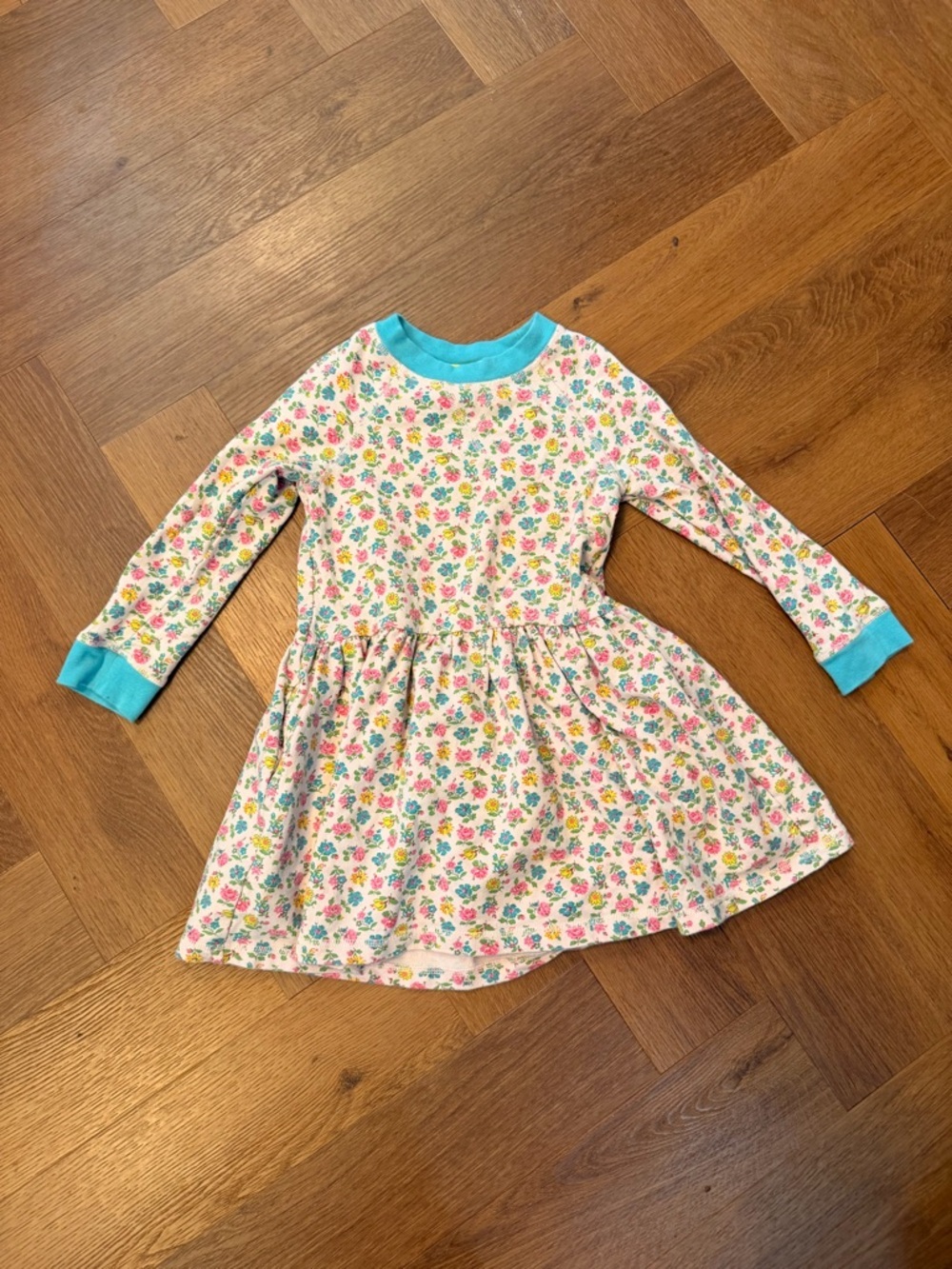 Mini Boden Floral Long Sleeve Dress with Teal Trim